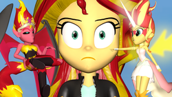 Size: 1024x576 | Tagged: safe, artist:mikotonui, sunset shimmer, equestria girls, g4, 3d, blue background, daydream shimmer, gmod, shoulder angel, shoulder devil, simple background, sunset satan, sunset's conscience