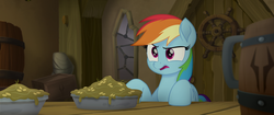 Size: 1920x804 | Tagged: safe, screencap, rainbow dash, pegasus, pony, g4, my little pony: the movie, bird seed, confused, disgusted, female, food, gruel, mare, mug, pudding, seeds, solo