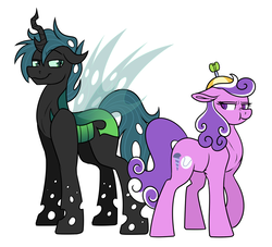Size: 1024x928 | Tagged: safe, artist:whitehershey, screwball, oc, oc:mothball, changeling, earth pony, hybrid, pony, fanfic:daughter of discord, g4, backwards cutie mark, canon x oc, changeling oc, digital art, duo, female, interspecies offspring, male, mare, next generation, offspring, parent:discord, parent:fluttershy, parent:queen chrysalis, parents:discoshy, scrunchy face, simple background, white background