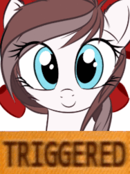 Size: 512x680 | Tagged: safe, artist:aurelleah, oc, oc:aurelleah, oc:aurry, pony, animated, bow, clothes, cute, extreme speed animation, gif, hair bow, looking at you, meme, ocbetes, reaction image, simple background, smiling, solo, triggered, vibrating, x intensifies