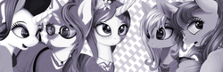 Size: 2048x660 | Tagged: safe, artist:styroponyworks, cloudchaser, dj pon-3, moondancer, rarity, starlight glimmer, vinyl scratch, pegasus, pony, unicorn, g4, abstract background, clothes, female, horn, indexed colors, monochrome, wings