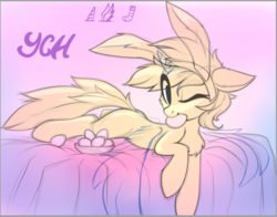 Size: 1099x860 | Tagged: safe, artist:ramiras, artist:share dast, oc, oc only, pony, unicorn, bunny ears, chest fluff, collaboration, commission, ear fluff, easter, easter egg, holiday, solo, wings, your character here