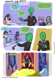 Size: 720x1017 | Tagged: safe, artist:colochenni, copper top, princess celestia, princess luna, oc, oc:anon, alicorn, earth pony, human, pony, zebra, g4, comic, coup, gun, handgun, human male, islam, male, parody, revolver, speech bubble, sunglasses, weapon, zebra oc