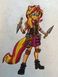 Size: 2340x3083 | Tagged: safe, artist:bozzerkazooers, sunset shimmer, equestria girls, g4, my little pony equestria girls: better together, female, high res, kunai, ponied up, solo, weapon