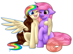 Size: 1024x758 | Tagged: safe, artist:whitehershey, oc, oc only, oc:pastel moon, oc:splatter paw, earth pony, pegasus, pony, duo, female, hug, mare, rainbow hair, simple background, transparent background, winghug
