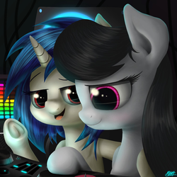 Size: 1500x1500 | Tagged: safe, artist:phoenixrk49, dj pon-3, octavia melody, vinyl scratch, earth pony, pony, unicorn, g4, duo, female, frog (hoof), looking at you, mare, mixer table, record, smiling, underhoof