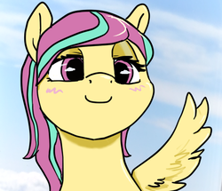 Size: 468x403 | Tagged: safe, artist:tacodeltaco, derpibooru exclusive, oc, oc only, oc:star shower, female, looking at you, mare, smiling, wings