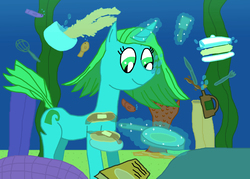 Size: 3186x2280 | Tagged: safe, artist:sb1991, oc, oc:ocean blue, fish, pony, bowl, challenge, coral, equestria amino, food, high res, magic, ocean, pancakes, reef, seaweed, silverware, spatula, story art, story included, syrup, underwater, whisk