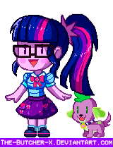 Size: 160x210 | Tagged: safe, artist:the-butch-x, sci-twi, spike, spike the regular dog, twilight sparkle, dog, equestria girls, equestria girls series, g4, animated, bowtie, chibi, clothes, collar, cute, duo, glasses, pixel art, ponytail, shirt, shoes, simple background, skirt, socks, spikabetes, transparent background, twiabetes