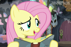 Size: 1080x720 | Tagged: safe, edit, edited screencap, editor:korora, screencap, fluttershy, pegasus, pony, a health of information, g4, book, cordwainer smith, cropped, fs doesn't know what she's getting into, mask, mother hitton's littul kittons, reading, the instrumentality of mankind, this will end in tears, zecora's hut