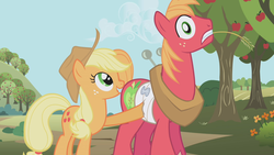 Size: 1280x720 | Tagged: safe, screencap, applejack, big macintosh, earth pony, pony, applebuck season, g4, apple tree, bandage, brother and sister, duo, female, injured, male, mare, ouch, poking, stallion, tree, wide eyes