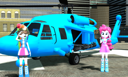 Size: 5120x3072 | Tagged: safe, artist:n3onh100, pinkie pie, rainbow dash, equestria girls, g4, 3d, boots, bracelet, building, clothes, compression shorts, gmod, grand theft auto, helicopter, high heel boots, jewelry, military, salute, shirt, shoes, skirt, war, weapon, western company annihilator, wristband