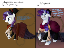 Size: 1633x1233 | Tagged: safe, artist:lisa400, rarity, g4, angry, clothes, comparison, dialogue, draw this again, ears back, female, hat, raised hoof, solo, steampunk, top hat