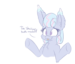 Size: 1000x850 | Tagged: safe, artist:heir-of-rick, oc, oc only, oc:sapphire lollipop, earth pony, pony, bust, cheek fluff, chest fluff, dialogue, ear fluff, female, freckles, impossibly large ears, mare, simple background, solo, tongue out, white background