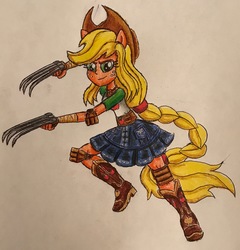 Size: 2367x2468 | Tagged: safe, artist:bozzerkazooers, applejack, equestria girls, g4, my little pony equestria girls: better together, female, geode of super strength, high res, magical geodes, ponied up, shuko hand claws, solo, traditional art, weapon