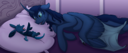 Size: 1279x533 | Tagged: safe, artist:pampoke, princess luna, oc, oc:prince noctus, draconequus, hybrid, g4, baby, bed, bed mane, draconequus oc, female, hybrid wings, interspecies offspring, lying down, male, mother and son, newborn, offspring, parent:discord, parent:princess luna, parents:lunacord, wing claws