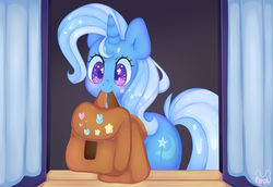 Size: 2914x2000 | Tagged: safe, artist:bunxl, trixie, pony, unicorn, g4, to where and back again, cute, diatrixes, female, heart eyes, high res, saddle bag, scene interpretation, solo, starry eyes, to saddlebags and back again, wingding eyes