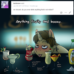 Size: 1800x1800 | Tagged: safe, artist:deyogee, oc, oc only, pony, unicorn, ahegao, alcohol, bar, bellini, blushing, booze, cocktails, crossover, daiquiri, dialogue, drunk, fright night, fruit, happy, liquor, male, margarita, open mouth, peter vincent, ponified, solo, stallion, tongue out, tumblr, tumblr comic