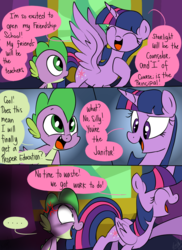 Size: 800x1100 | Tagged: safe, artist:emositecc, spike, twilight sparkle, alicorn, dragon, pony, g4, school daze, abuse, comic, dialogue, female, grammar error, mare, smiling, speech bubble, spikeabuse, twilight sparkle (alicorn)