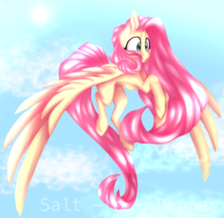 Size: 2392x2328 | Tagged: safe, artist:salt-o-pepper, fluttershy, pegasus, pony, g4, cloud, female, flying, high res, large wings, looking at something, mare, redraw, sky, smiling, solo, spread wings, wide eyes, wings