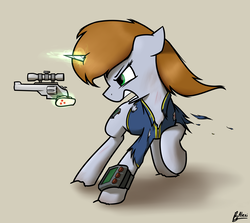 Size: 2800x2500 | Tagged: safe, artist:alexi148, oc, oc only, oc:littlepip, pony, unicorn, fallout equestria, clothes, fanfic, fanfic art, female, glowing horn, gun, handgun, high res, hooves, horn, jumpsuit, levitation, little macintosh, magic, mare, open mouth, pipbuck, revolver, simple background, solo, teeth, telekinesis, torn clothes, vault suit, weapon