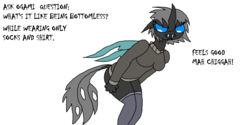 Size: 2000x1000 | Tagged: safe, artist:jasminerika, oc, oc only, oc:ogami, changeling, anthro, ask, bottomless, clothes, female, partial nudity, socks, solo, tumblr