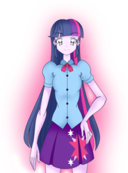 Size: 1800x2449 | Tagged: safe, artist:grandzebulon, twilight sparkle, equestria girls, g4, clothes, female, gradient background, looking at you, pleated skirt, skirt, solo, twilight sparkle (alicorn)