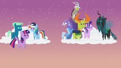Size: 1280x720 | Tagged: safe, discord, queen chrysalis, rainbow dash, sky stinger, starlight glimmer, thorax, trixie, twilight sparkle, alicorn, changedling, changeling, draconequus, pegasus, pony, unicorn, g4, cap, cloud, cutie mark, fangs, female, floppy ears, flying, hat, hooves, horn, horns, king thorax, mare, on a cloud, open mouth, pointy ponies, smiling, spread wings, standing on a cloud, stars, twilight sparkle (alicorn), wings