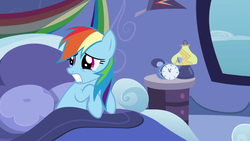 Size: 1920x1080 | Tagged: safe, screencap, rainbow dash, pegasus, pony, g4, season 8, bed, bedsheets, clock, cute, dashabetes, female, lamp, mare, pillow, rainbow dash's bedroom, rainbow dash's house, saved by my friends, scared, scaredy dash, shy, shy dashie, solo