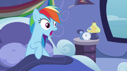 Size: 1920x1080 | Tagged: safe, screencap, rainbow dash, g4, season 8, bed, clock, gasp, lamp, rainbow dash's bedroom, rainbow dash's house, saved by my friends