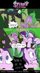 Size: 800x1440 | Tagged: safe, artist:emositecc, queen chrysalis, spike, starlight glimmer, changeling, dragon, pony, unicorn, comic:spike to the rescue, g4, molt down, angry, bald, comic, dialogue, flying, gasp, magic, speech bubble, sweat, tackle, winged spike, wings, yelling