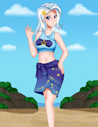 Size: 1700x2200 | Tagged: safe, artist:focusb, trixie, human, equestria girls, equestria girls series, forgotten friendship, g4, beach, belly button, bikini, clothes, female, humanized, legs, looking at you, midriff, ocean, sand, sarong, solo, swimsuit