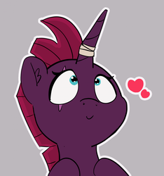 Size: 1280x1369 | Tagged: safe, artist:pabbley, fizzlepop berrytwist, tempest shadow, pony, unicorn, g4, my little pony: the movie, 30 minute art challenge, bandage, bandaged horn, broken horn, bust, close enough, cute, eye scar, female, filly, filly tempest shadow, gray background, heart, horn, looking up, malocclusion, scar, simple background, smiling, solo, tempest gets her horn back, tempestbetes, younger