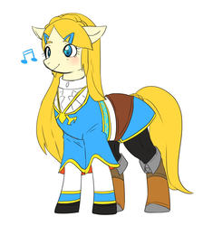 Size: 1001x1115 | Tagged: safe, artist:hosikawa, earth pony, pony, clothes, female, mare, music notes, ponified, princess zelda, simple background, solo, the legend of zelda, the legend of zelda: breath of the wild, white background