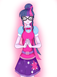 Size: 1800x2449 | Tagged: safe, artist:grandzebulon, sci-twi, twilight sparkle, equestria girls, g4, belt, clothes, female, glasses, gradient background, looking at you, open mouth, ponytail, skirt, solo