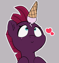 Size: 1964x2101 | Tagged: safe, artist:dsp2003, artist:pabbley, edit, fizzlepop berrytwist, tempest shadow, pony, unicorn, g4, my little pony: the movie, broken horn, bust, close enough, cute, daaaaaaaaaaaw, dropped ice cream, eye scar, female, filly, filly tempest shadow, floating heart, food, gray background, heart, horn, ice cream, ice cream cone, ice cream horn, looking up, scar, simple background, smiling, solo, tempest gets her horn back, tempestbetes, younger