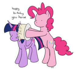 Size: 1433x1295 | Tagged: safe, artist:rapidstrike, pinkie pie, twilight sparkle, alicorn, pony, g4, birthday cake, cake, dialogue, food, happy birthday, simple background, transparent background, twilight sparkle (alicorn)