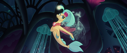 Size: 1920x804 | Tagged: safe, screencap, princess skystar, seapony (g4), g4, my little pony: the movie, bioluminescent, blue eyes, blue mane, creencap, cute, dorsal fin, female, fin, fin wings, fins, fish tail, flower, flower in hair, flowing mane, flowing tail, glowing, jewelry, necklace, ocean, pearl necklace, seaquestria, smiling, solo, swimming, tail, teeth, underwater, water, wings