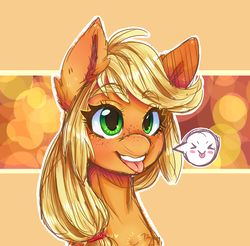 Size: 1600x1574 | Tagged: dead source, safe, artist:kitsu-chan11, applejack, earth pony, pony, g4, bust, emoticon, female, hatless, mare, missing accessory, smiling, solo, speech bubble, tongue out