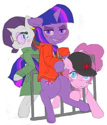 Size: 1700x1989 | Tagged: safe, artist:baigak, pinkie pie, rarity, twilight sparkle, earth pony, pony, unicorn, semi-anthro, g4, baseball cap, blushing, cap, clothes, ear piercing, earring, female, grin, hat, hoodie, jewelry, lidded eyes, looking at you, looking back, piercing, simple background, smiling, sunglasses, trenchcoat, white background