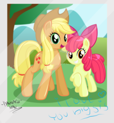 Size: 1024x1109 | Tagged: safe, artist:danmakuman, apple bloom, applejack, earth pony, pony, g4, bow, cowboy hat, female, filly, hair bow, hat, looking at you, mare, sisters, tree