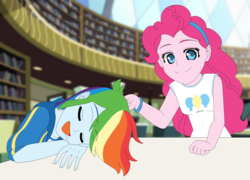 Size: 1596x1148 | Tagged: safe, artist:fantasygerard2000, pinkie pie, rainbow dash, equestria girls, g4, my little pony equestria girls: better together, canterlot high, clothes, library, multicolored hair, shirt, sleeping, smiling
