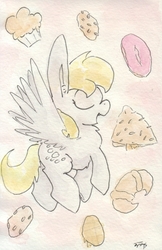 Size: 692x1070 | Tagged: safe, artist:slightlyshade, derpy hooves, pegasus, pony, g4, bread, croissant, donut, eyes closed, female, fluffy, flying, food, mare, muffin, open mouth, solo, spread wings, traditional art, watercolor painting, wings