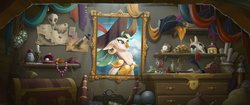 Size: 1920x804 | Tagged: safe, screencap, captain celaeno, parrot, anthro, g4, my little pony: the movie, background, bag, beads, candle, cannonball, chest, clock, compass, curtains, cutlass, drawer, ear piercing, earring, feather, gold, hat, hook, jem, jewelry, key, map, necklace, painting, pearl, pearl necklace, perfume, picture, picture frame, piercing, pirate hat, rope, saber, sack, scroll, shelf, skull, sword, telescope, time to be awesome, treasure chest, weapon