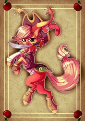 Size: 1527x2160 | Tagged: safe, artist:keksik143, applejack, earth pony, pony, g4, apple, female, food, hat, long ears, looking at you, mare, pirate applejack, pirate hat, solo, sword, weapon
