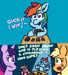 Size: 1186x1308 | Tagged: safe, artist:threetwotwo32232, applejack, rainbow dash, twilight sparkle, oc, earth pony, pegasus, pony, g4, 30 minute art challenge, card game, comic, crying, dialogue, female, filly, mare, rainbow douche, table, yu-gi-oh!