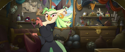 Size: 1920x804 | Tagged: safe, screencap, captain celaeno, anthro, g4, my little pony: the movie, bag, beads, candle, cannonball, chest, compass, curtains, cutlass, drawer, ear piercing, earring, feather, gem, gold, hat, hook, jewelry, map, necklace, painting, pearl, pearl necklace, perfume, picture frame, piercing, pirate hat, rope, sack, scroll, shelf, skull, storm king's messenger outfit, sword, telescope, time to be awesome, treasure chest, weapon