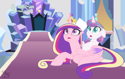 Size: 1024x652 | Tagged: safe, artist:s-oujisan, artist:smulesscootaloo523, princess cadance, princess flurry heart, pony, g4, base used, crown, crystal empire, ears back, female, jewelry, mother and daughter, older, older flurry heart, regalia, scared, throne, throne room