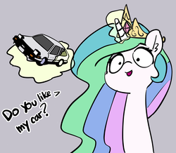 Size: 1189x1037 | Tagged: safe, artist:dsp2003, artist:pabbley, edit, princess celestia, pony, g4, car, dialogue, female, friendship is magic bitch, gas gas gas (manuel), glowing horn, gray background, horn, initial d, jewelry, levitation, magic, manuel caramori, mare, regalia, simple background, solo, song reference, telekinesis, toy car, toyota, toyota sprinter trueno [ae86]