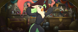 Size: 1920x804 | Tagged: safe, screencap, captain celaeno, parrot pirates, anthro, g4, my little pony: the movie, bag, beads, candle, cannonball, chest, compass, curtains, cutlass, drawer, ear piercing, earring, feather, gem, gold, happy, hat, hook, jewelry, map, necklace, painting, pearl, pearl necklace, perfume, picture frame, piercing, pirate, pirate hat, rope, sack, scroll, shelf, skull, smiling, storm king's messenger outfit, sword, telescope, time to be awesome, treasure chest, triumphant, weapon